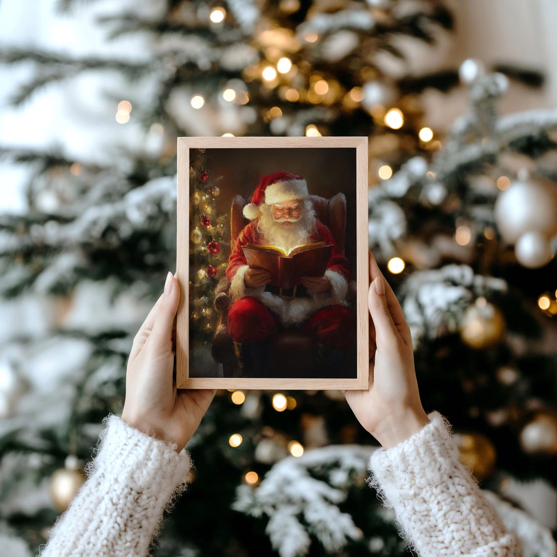 Santa Claus Reading Glowing Book Armchair Christmas Tree Poster - Image 4