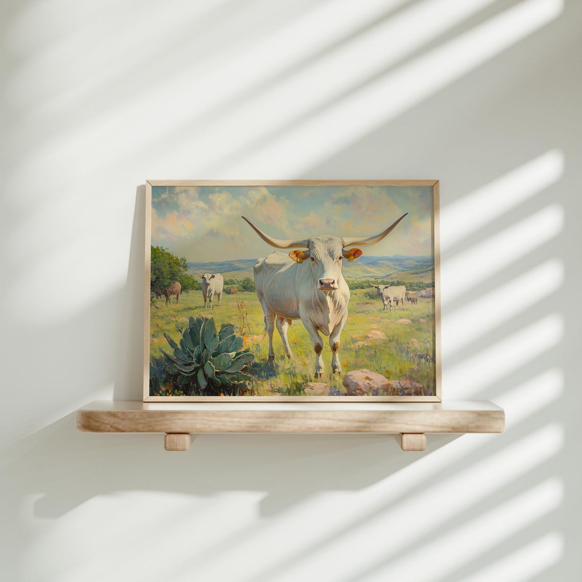 White Texas Longhorn Cattle Rustic Western Ranch Meadow Art Poster - Image 2