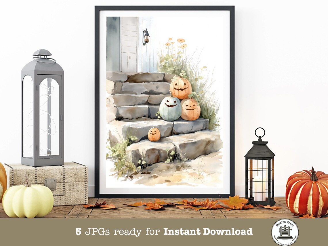 Watercolor Pumpkin Porch Print Rustic Halloween Fall Decor