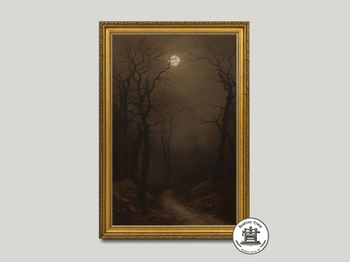 Vintage Forest Oil Painting Moody Dark Academia Landscape
