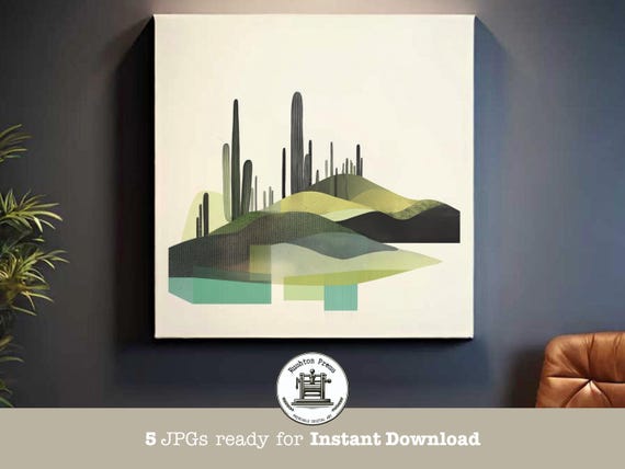 Abstract Cactus Landscape Art Sage Green Desert Print