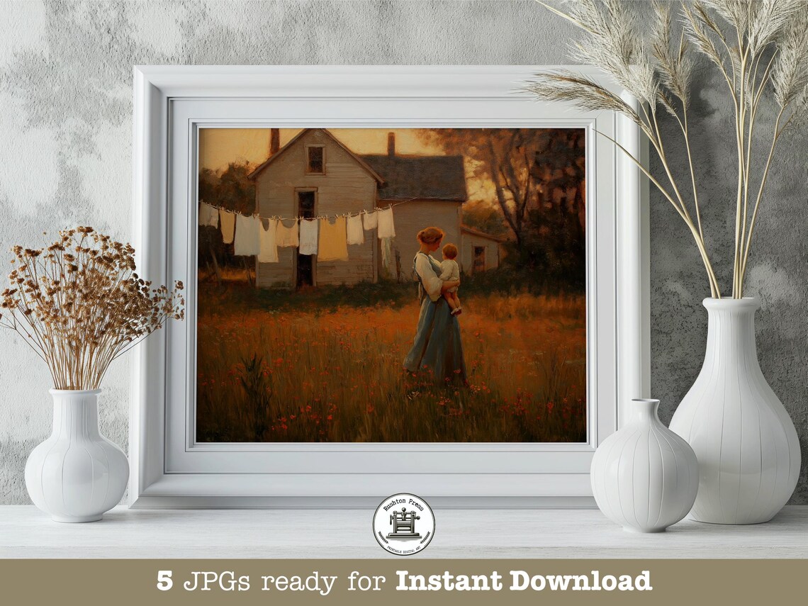 Mother and Child Farmhouse Golden Hour Vintage Countryside Print