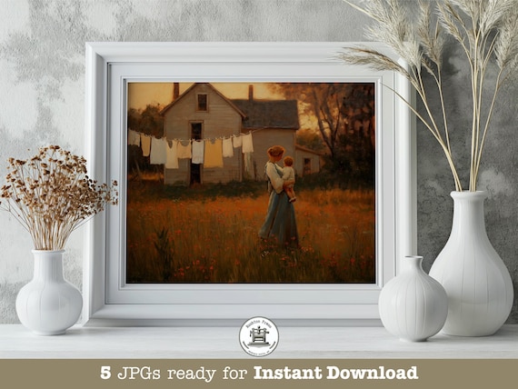 Mother and Child Farmhouse Golden Hour Vintage Countryside Print