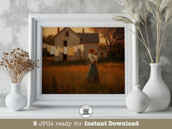 Mother And Child Farmhouse Print Rustic Golden Hour Americana In 5 Sizes