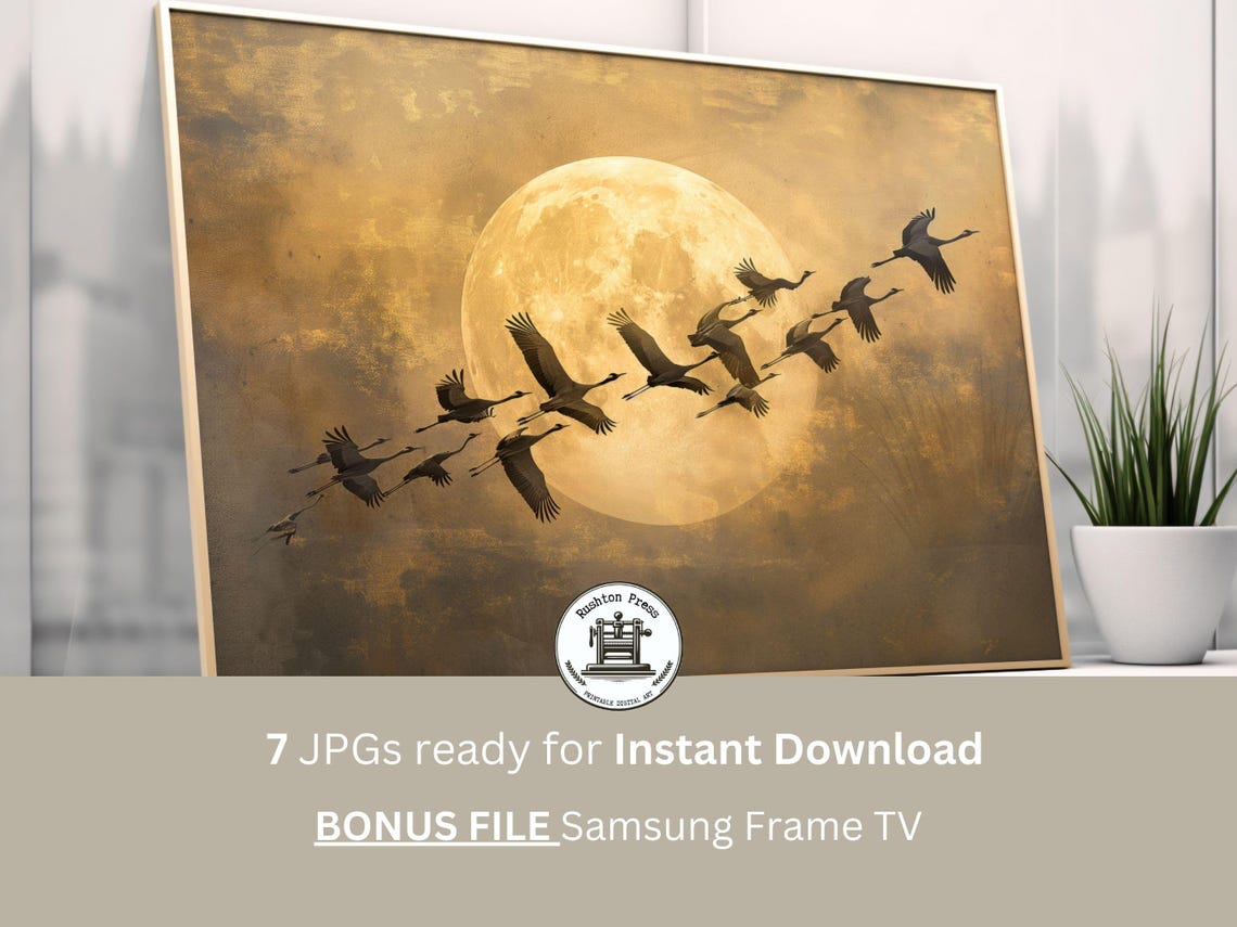 Cranes Flying Golden Full Moon Japanese Style Warm Tonal Wall Art