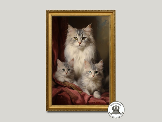 Silver Tabby Longhaired Cat Family Vintage Oil Painting Poster