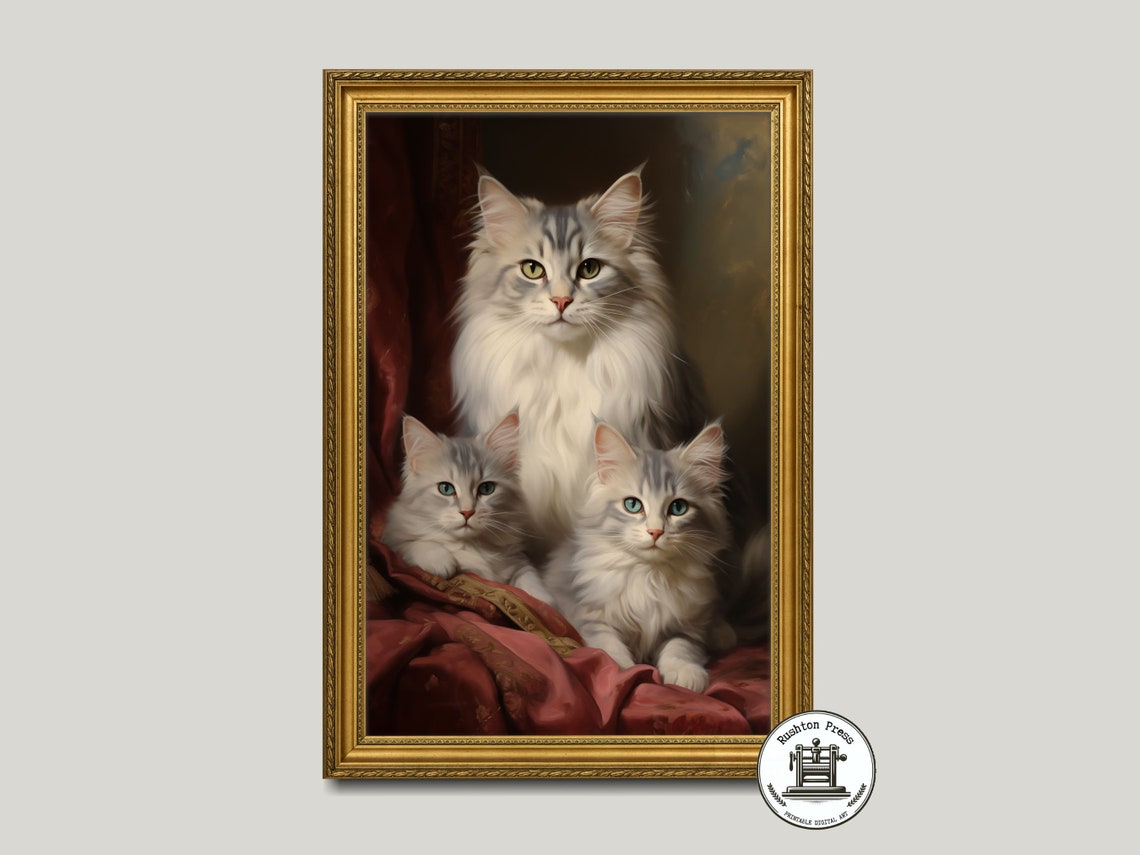 Silver Tabby Longhaired Cat Family Vintage Oil Painting Poster