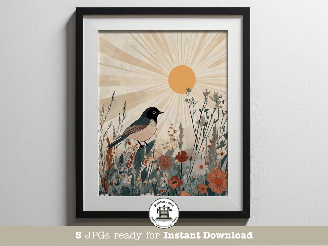 Songbird Wildflowers Sunburst Vintage Botanical Illustration Poster