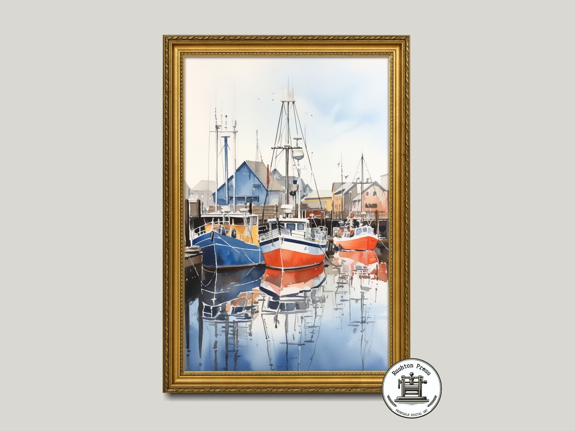 Watercolor Fishing Boats Blue Orange Harbor Coastal Wall Art