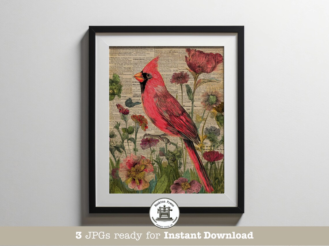 Red Cardinal Bird Vintage Book Page Floral Nature Art Poster