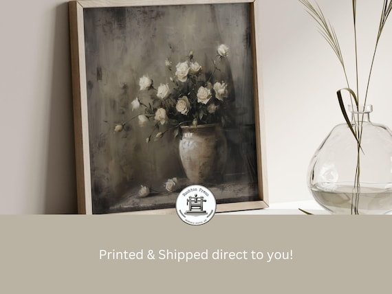 Vintage White Roses Still Life Print Moody Floral Clay Vase Decor