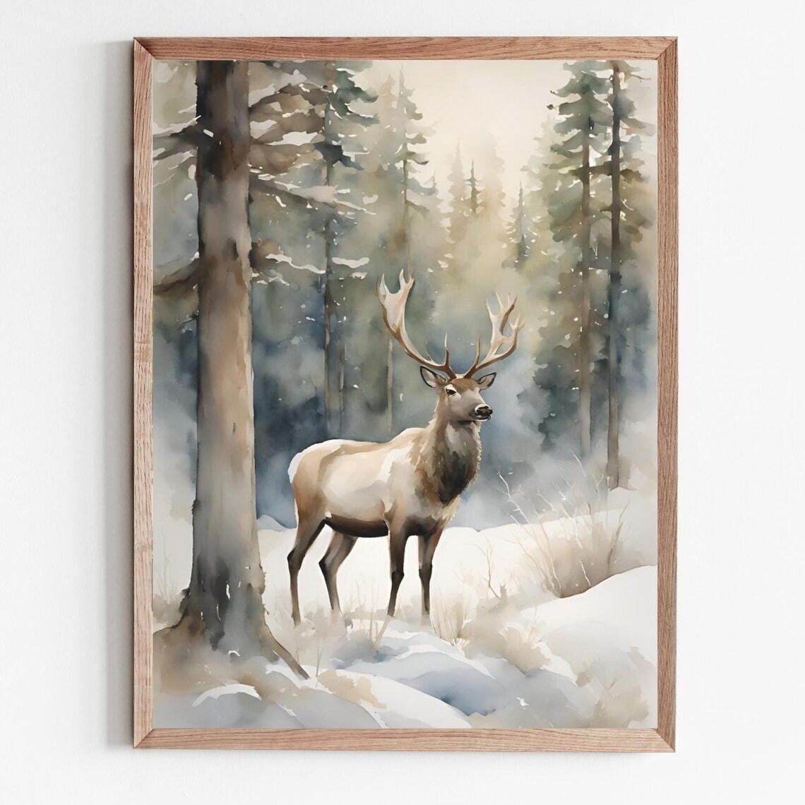 Deer Painting Winter Landscape Watercolor Art Print