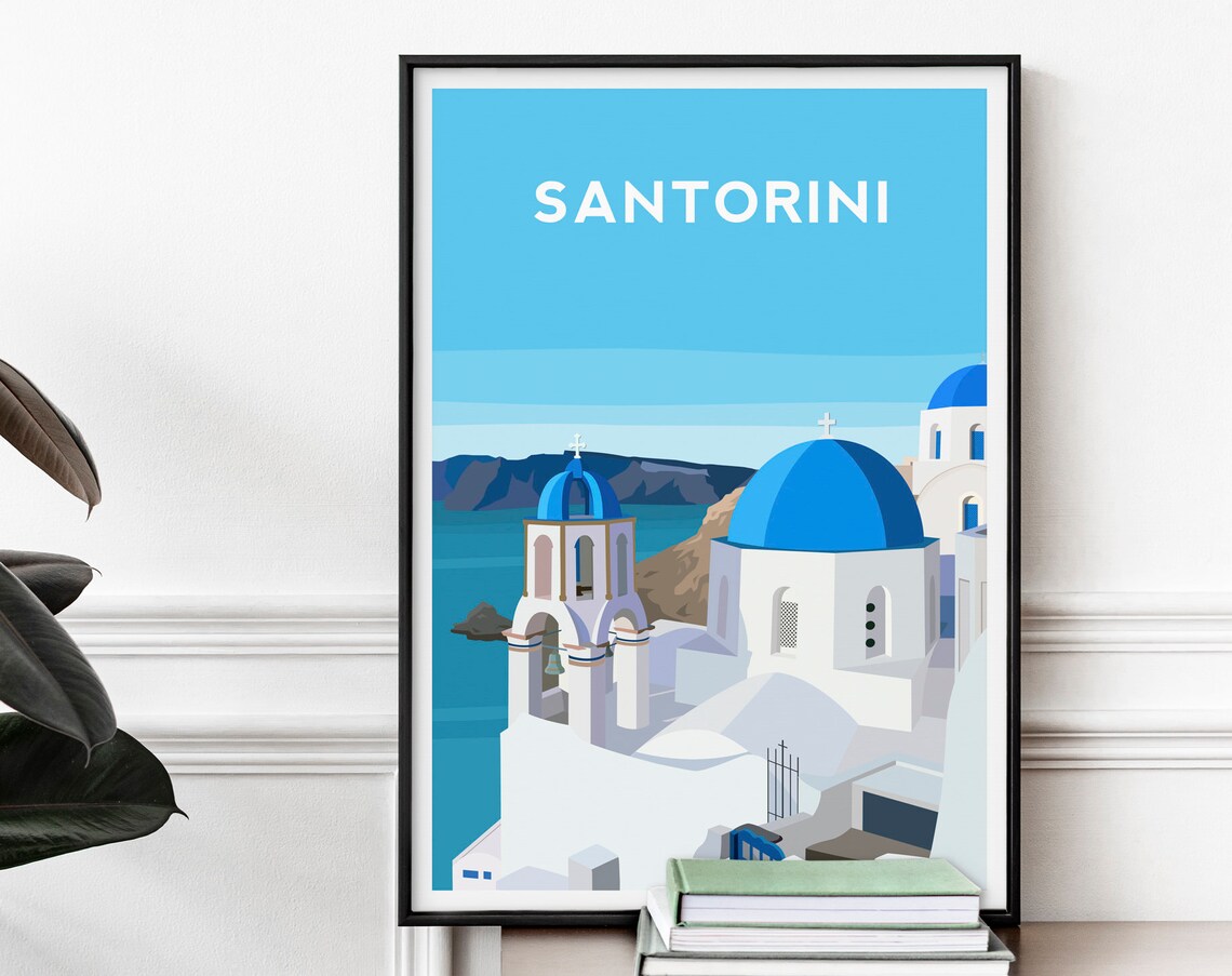 Santorini Travel Poster, Greek Landscape Wall Art