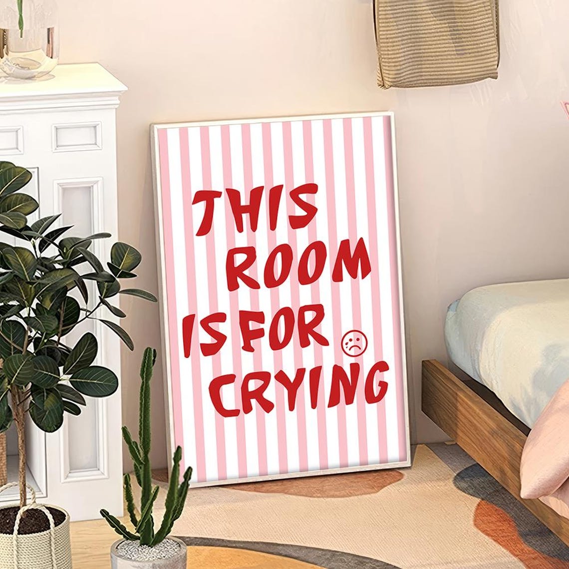 This Room Is For Crying Funny Pink Striped Quote Typography Poster
