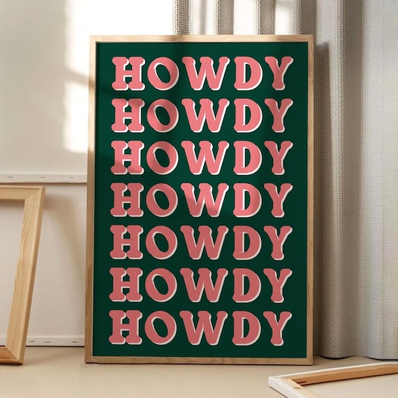 Howdy Retro Typography Poster, Green Pink Framed Trendy Western Wall Decor Art