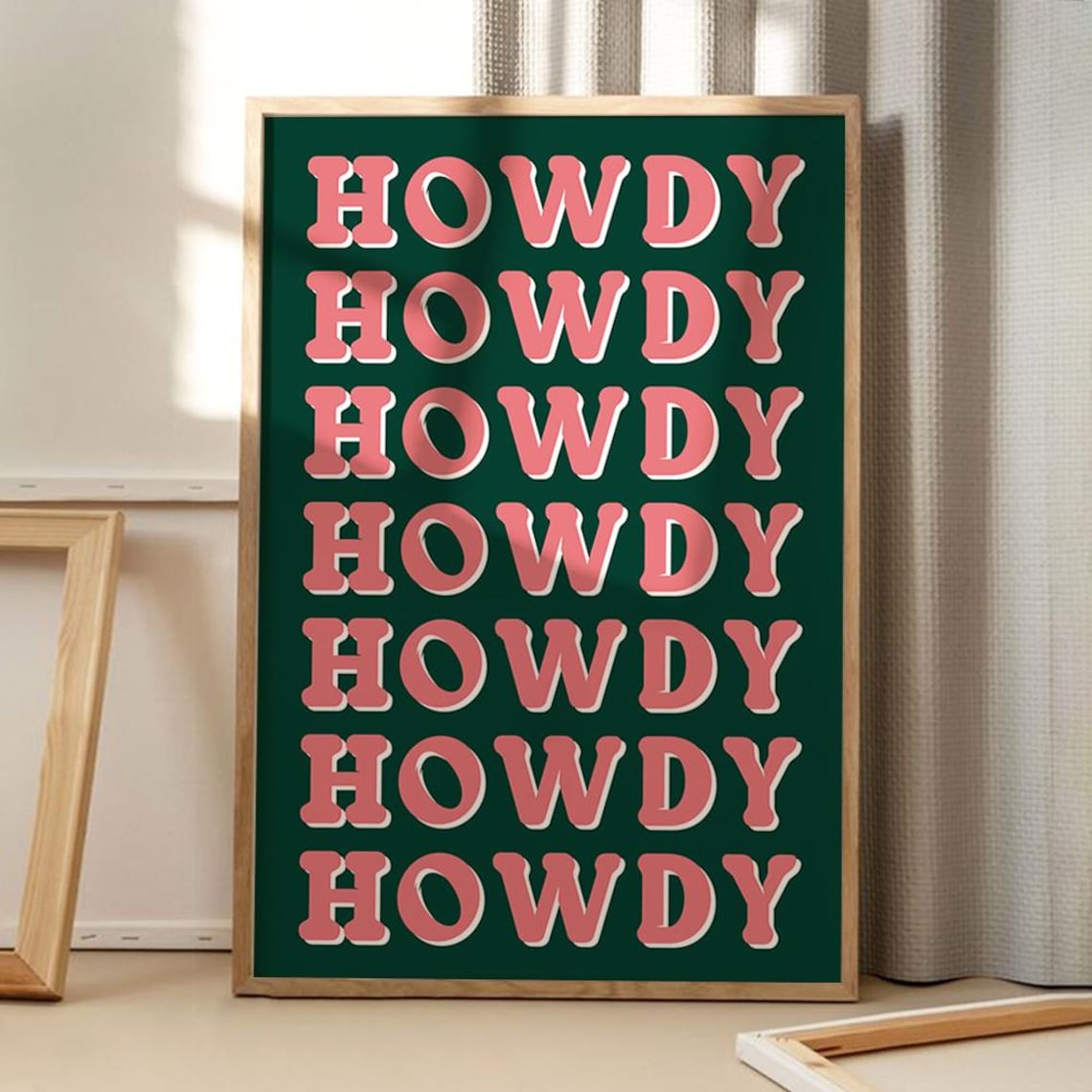 Howdy Retro Typography Poster, Green Pink Framed Trendy Western Wall Decor Art