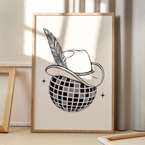 Cowboy Hat Disco Ball Black White Line Art Trendy Western Poster