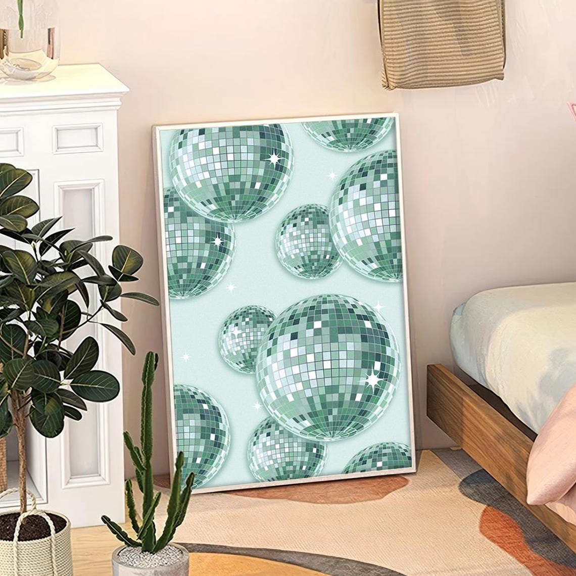 Green Disco Balls Sparkling Party Retro Dance Floor Glam Poster