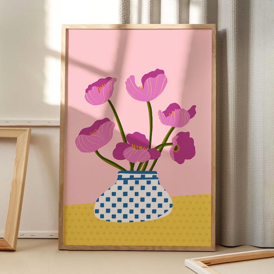 Pink Poppy Flowers Blue Checkered Vase Retro Botanical Art Poster
