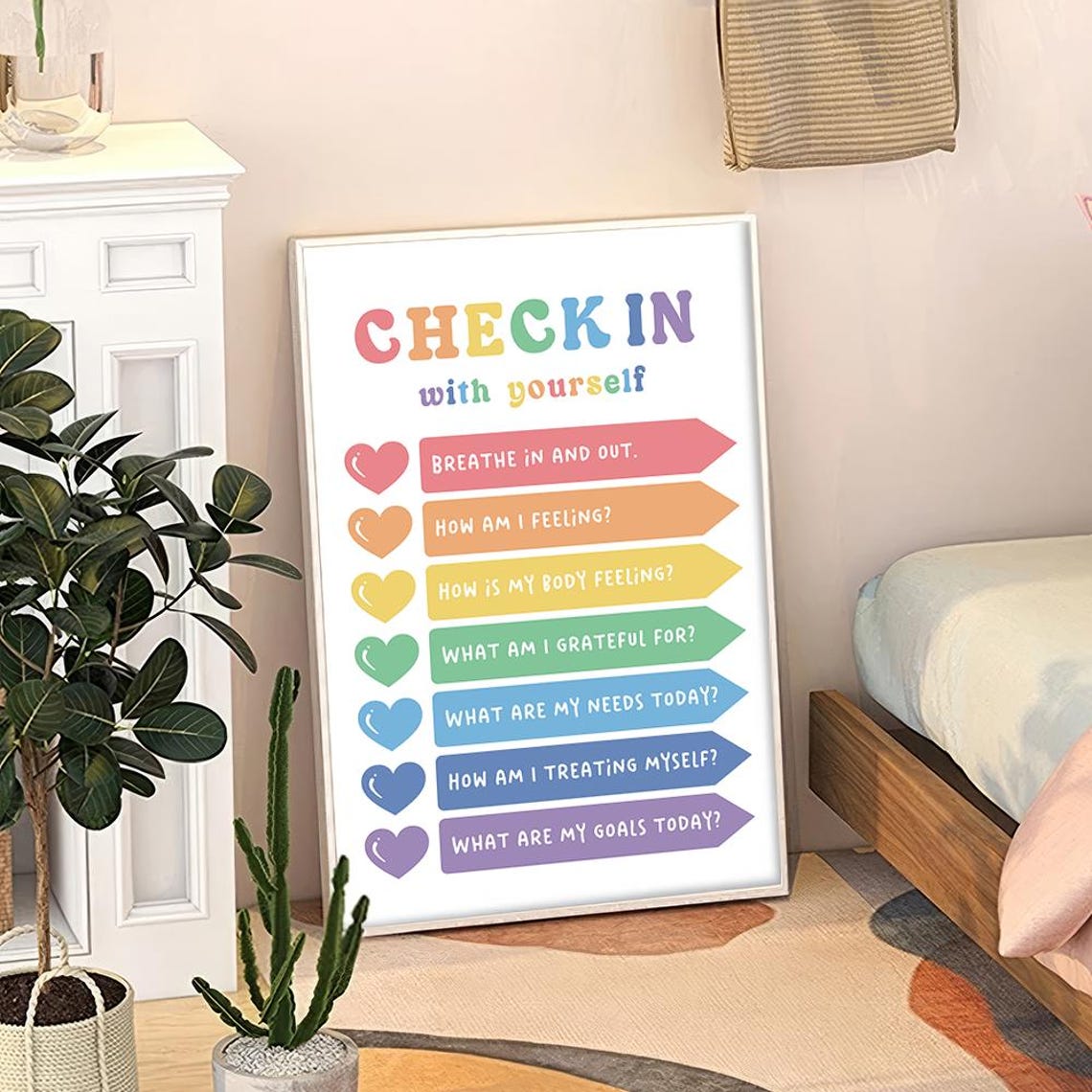 Check In With Yourself Rainbow Mindfulness Hearts Kids Poster