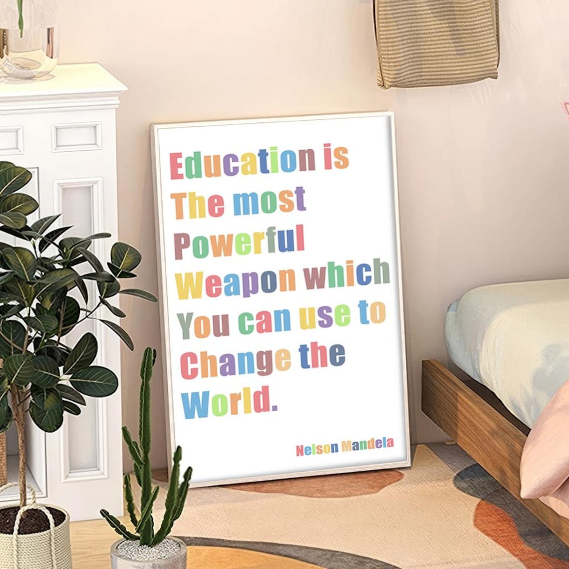 Nelson Mandela Education Powerful Weapon Quote Rainbow Lettering Poster