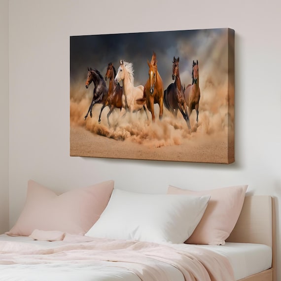 Six Galloping Horses Dust Cloud Dramatic Equine Art Canvas Poster