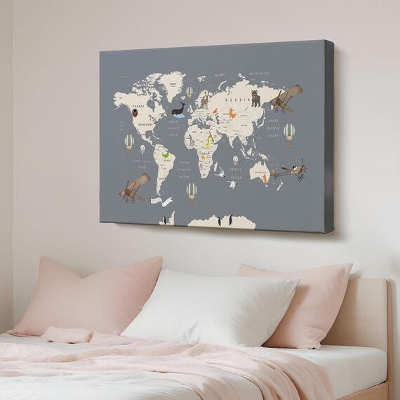 Decorative World Map Canvas Wall Art For Childrens Room Classic Modern Decor Framed