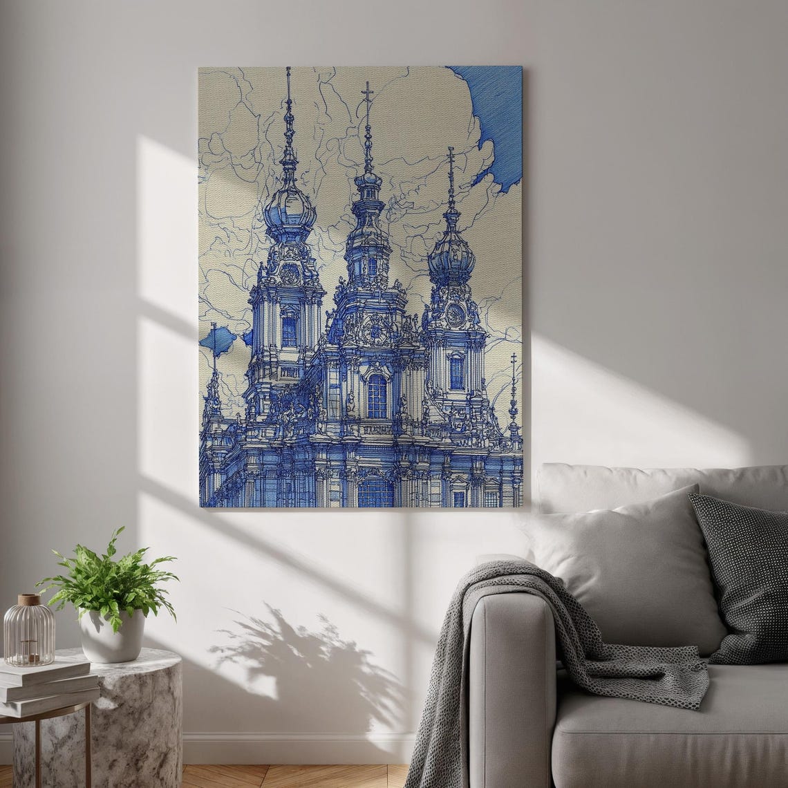 Baroque Cathedral Blue Ink Line Drawing Historic Architecture Poster