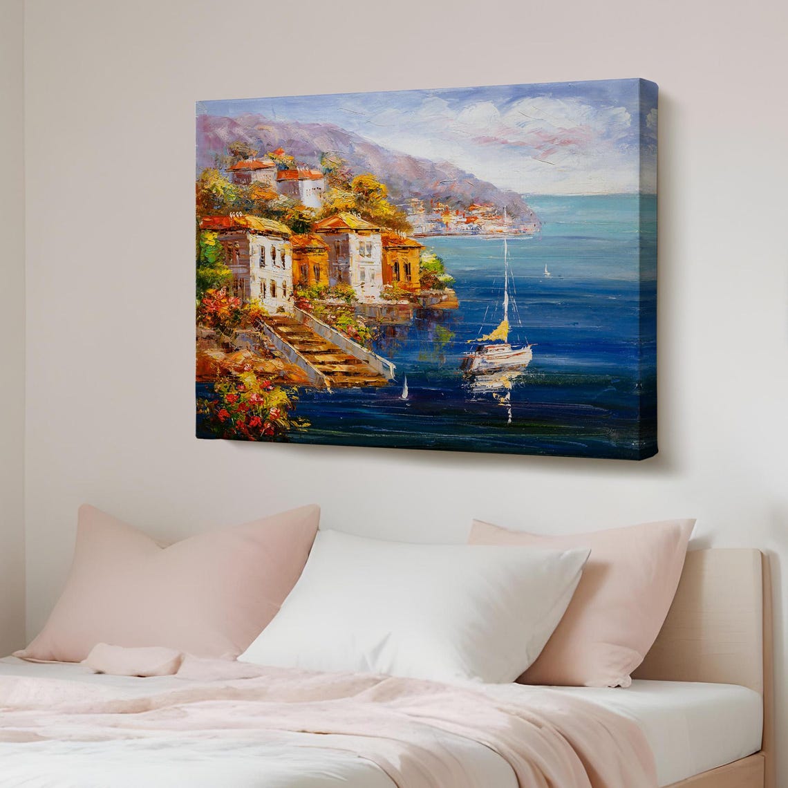 Sunny Greece Harbor View Coastal Village and Sailboat Canvas Print