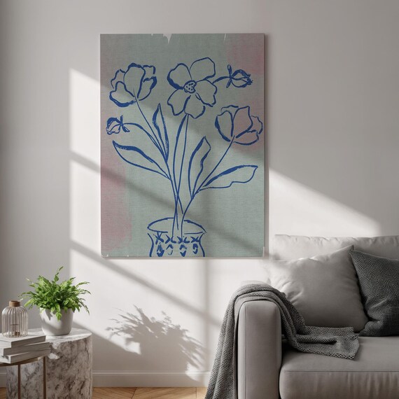Minimal Blue Line Art Flowers Vase Simple Scandinavian Floral Poster