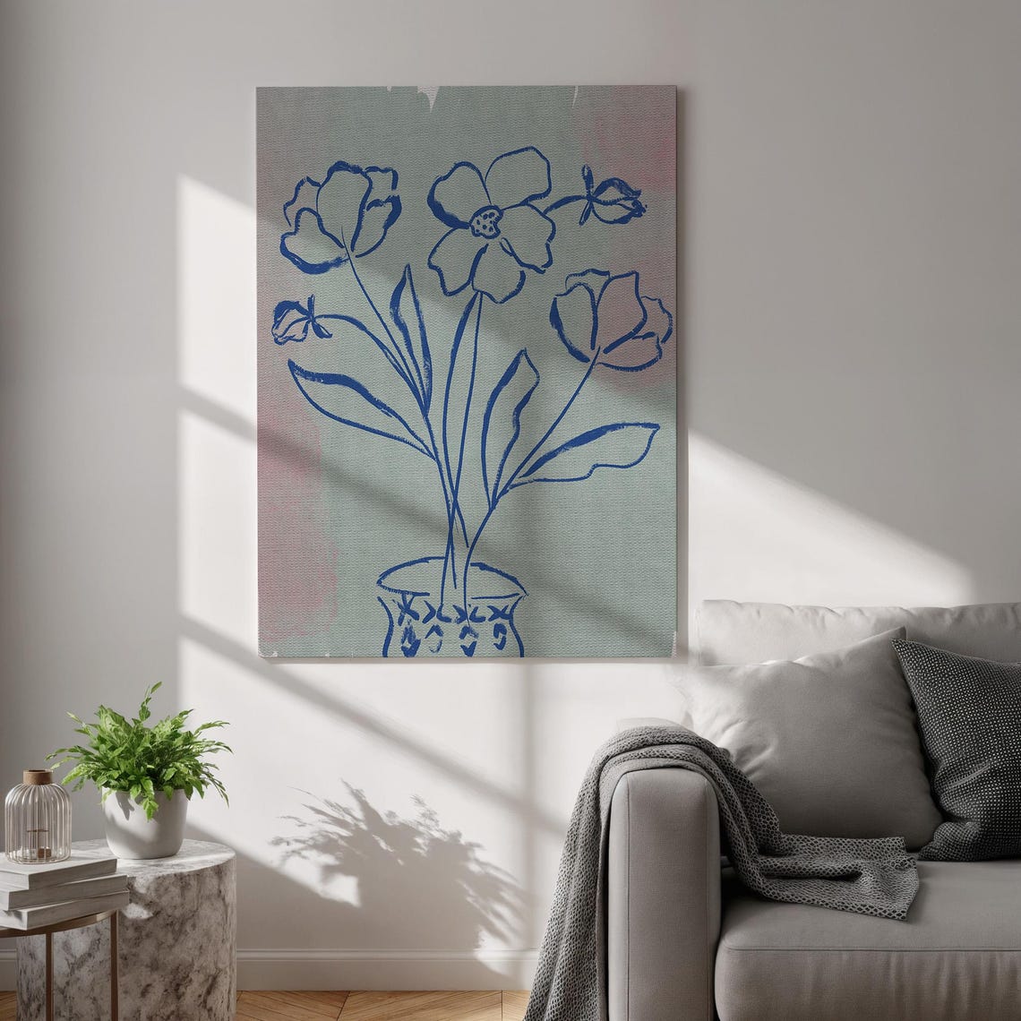 Minimal Blue Line Art Flowers Vase Simple Scandinavian Floral Poster
