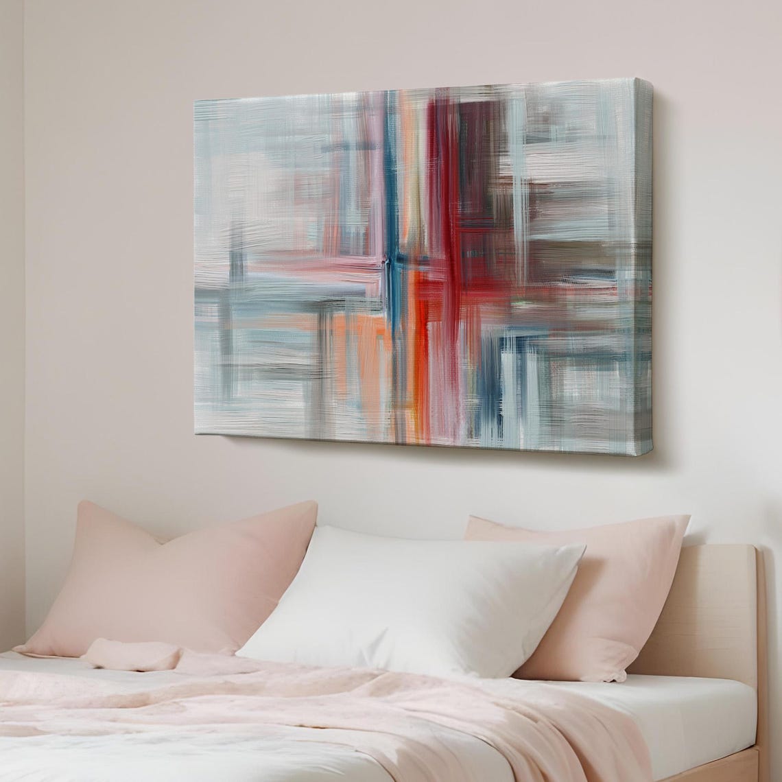 Red Blue Gray Abstract Brushstroke Modern Geometric Art Poster