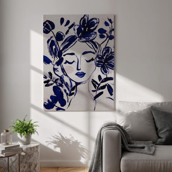 Blue Floral Woman Canvas Art Minimalist Feminine Line Portrait Modern Abstract Face Print Framed Botanical Artwork For Bedroom And Studio