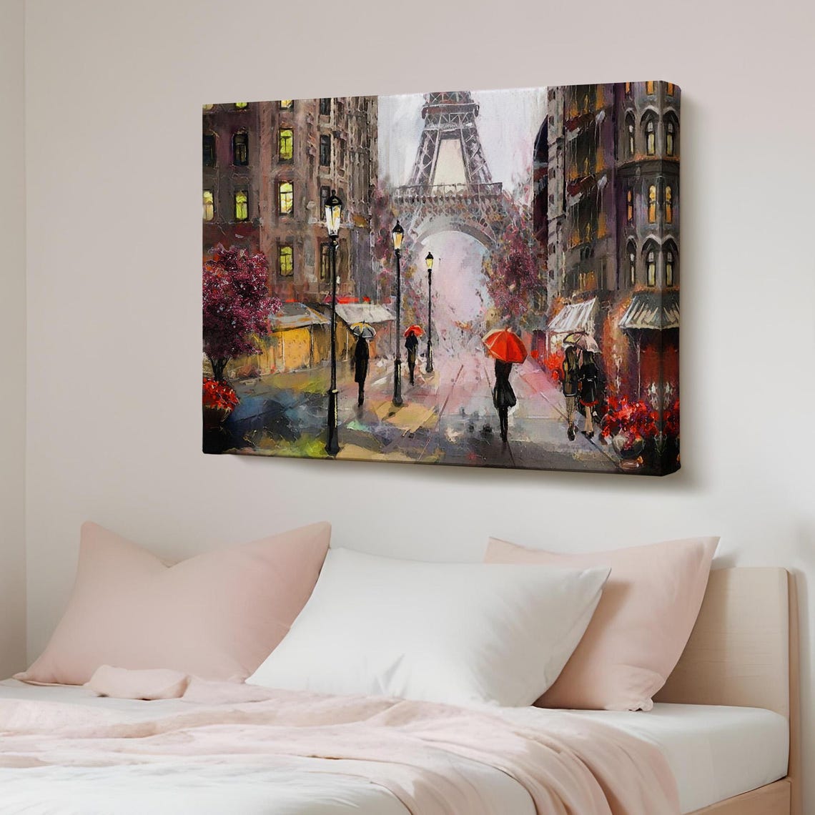 Romantic Paris Eiffel Tower Rainy Evening Red Umbrella Street Poster