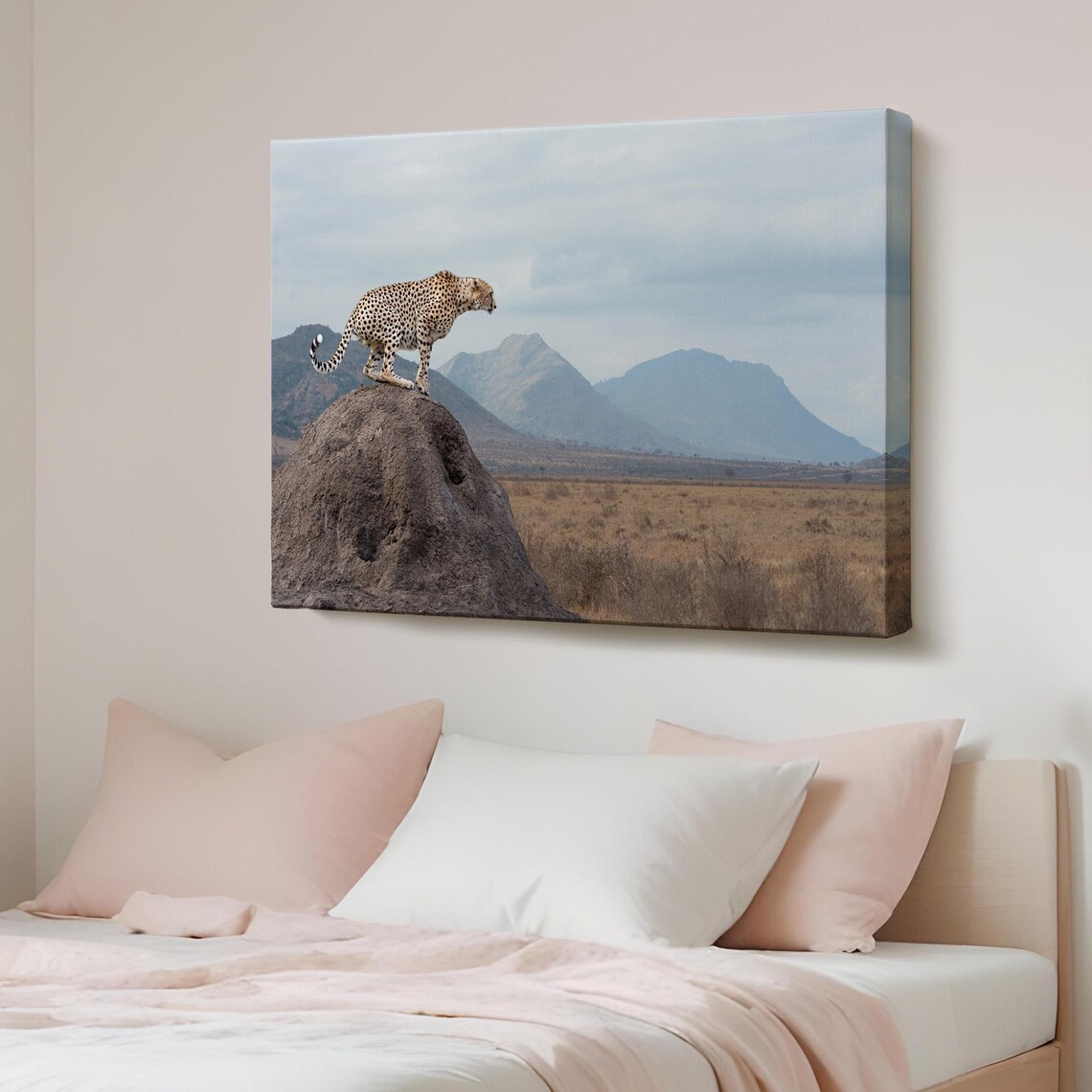 Cheetah Standing on Termite Mound African Savanna Wildlife Photo Poster