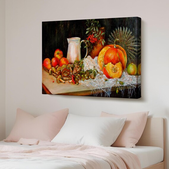 Harvest Still Life Pumpkin Apples Pitcher Oil Painting Style Poster