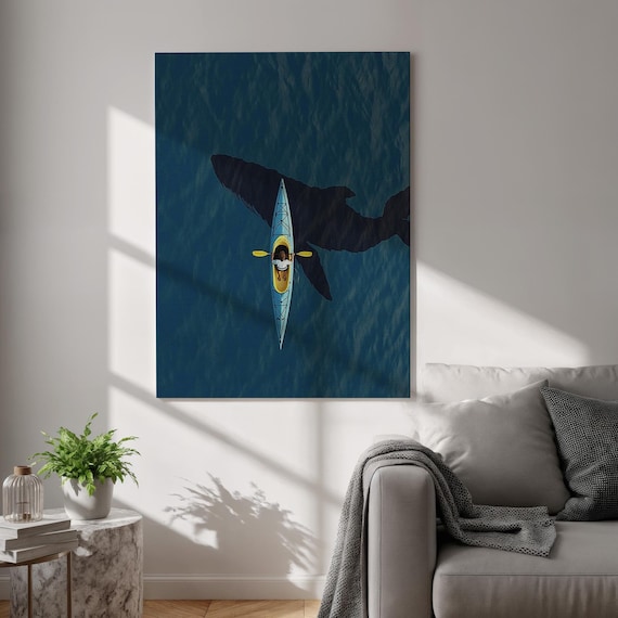 Aerial Kayaker Above Whale Shadow Minimalist Deep Blue Ocean Poster