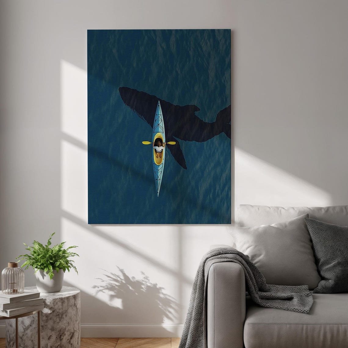 Aerial Kayaker Above Whale Shadow Minimalist Deep Blue Ocean Poster
