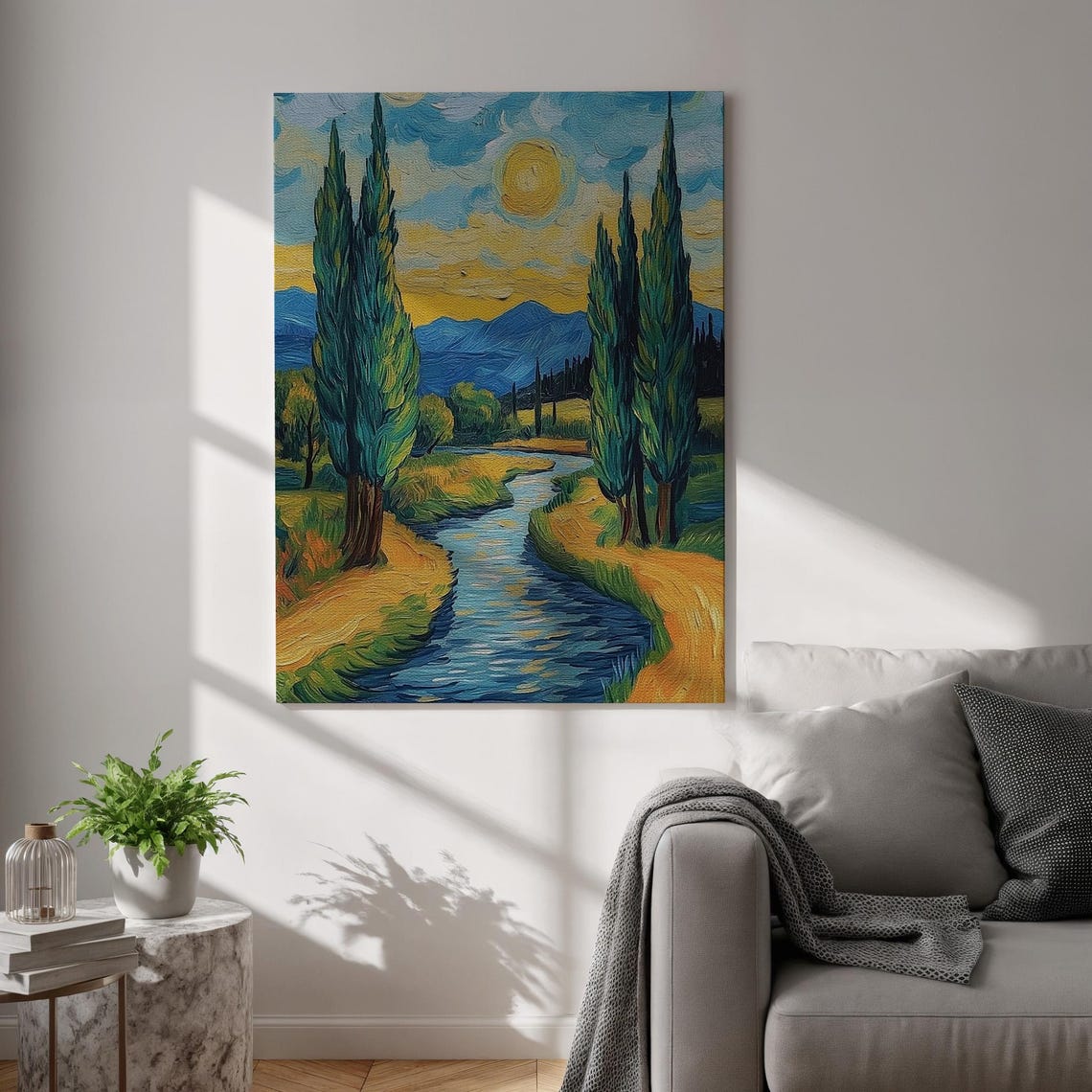 Cypress Trees River Sun Van Gogh Style Impressionist Painting Poster