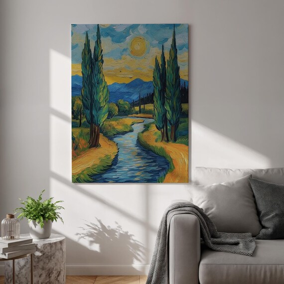 Cypress Trees River Sun Van Gogh Style Impressionist Painting Poster