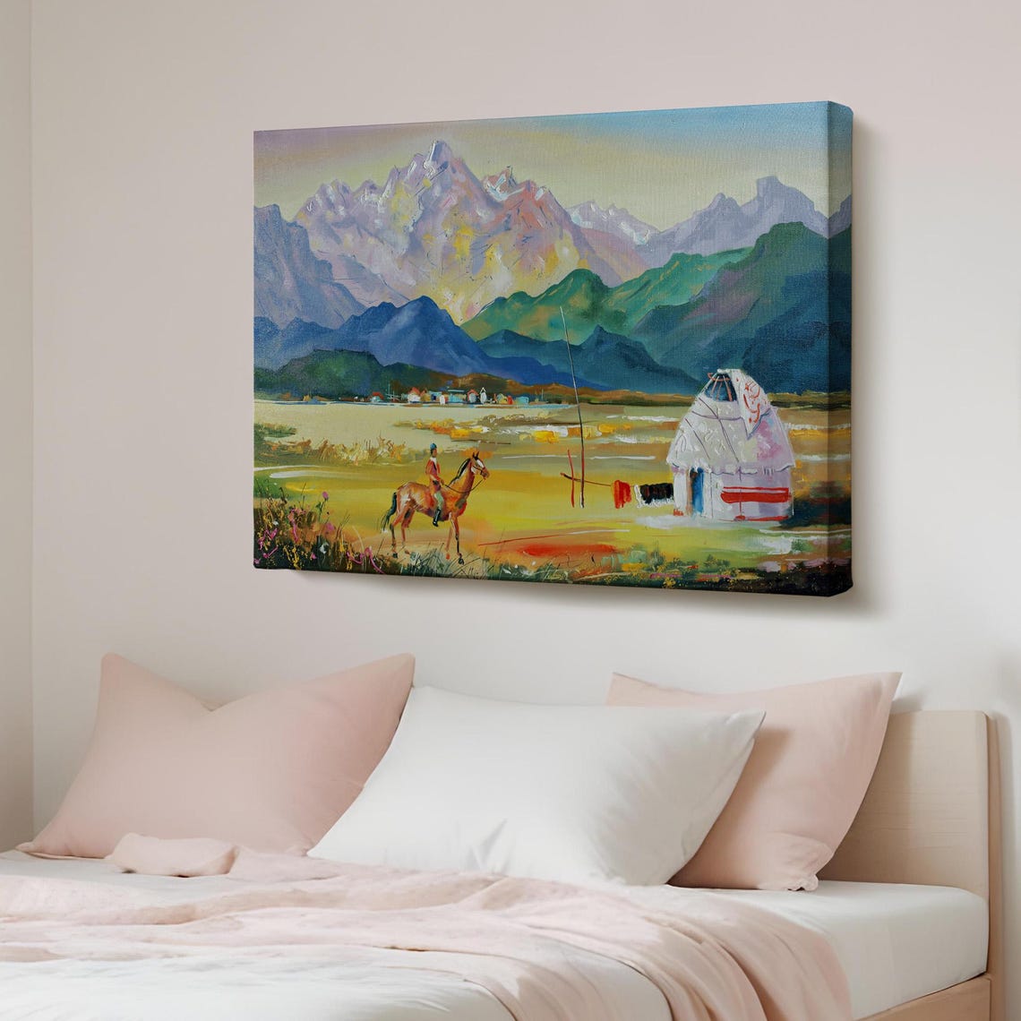 Kazakhstan Nomadic Yurt Horseman Mountain Valley Painting Poster