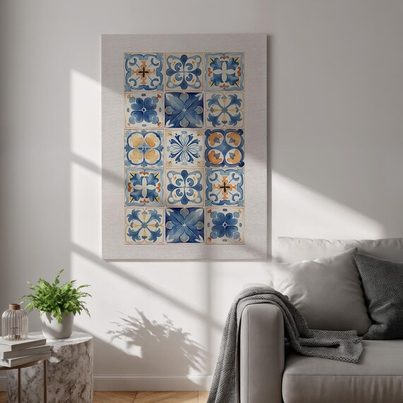 Blue Orange Mediterranean Ceramic Tile Pattern Kitchen Poster