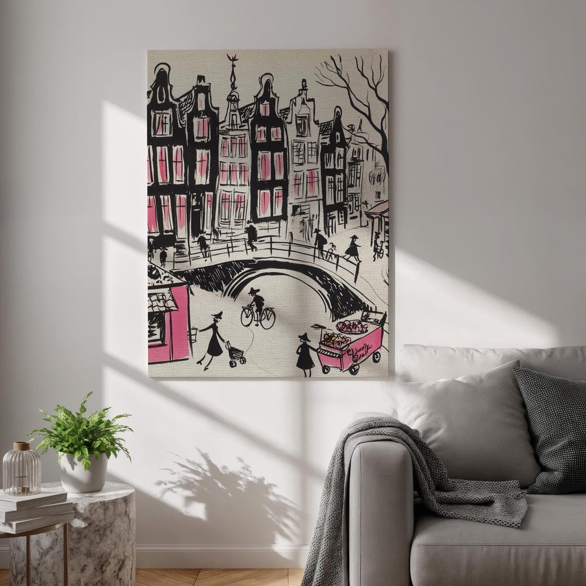 Amsterdam Canal Houses Bridge and Bicycle Charming Sketch Art Poster