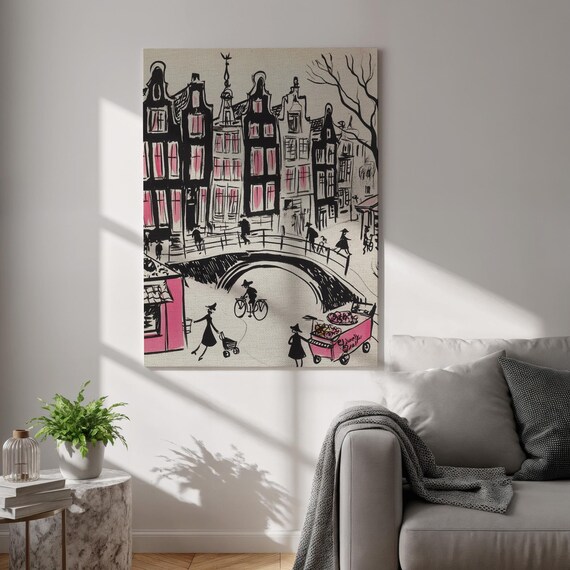 Amsterdam Canal Houses Bridge and Bicycle Charming Sketch Art Poster