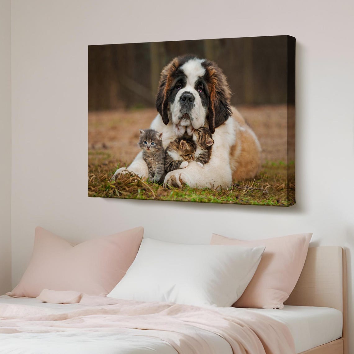 Saint Bernard Dog with Tiny Kittens Heartwarming Animal Photo Poster