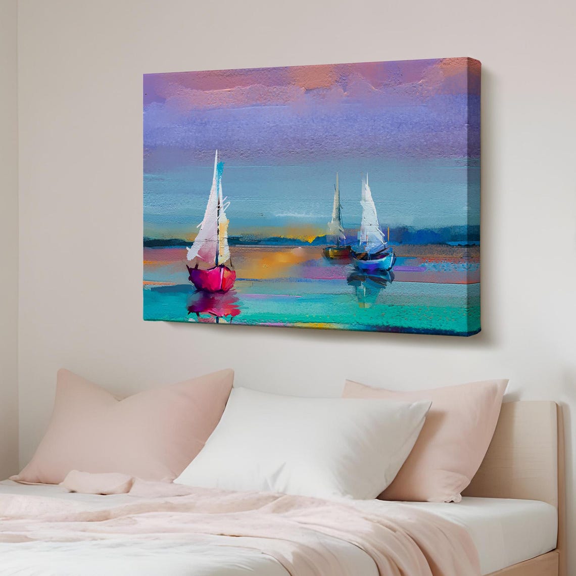 Three Sailboats on Ocean Teal Sunset Oil Painting Canvas Print