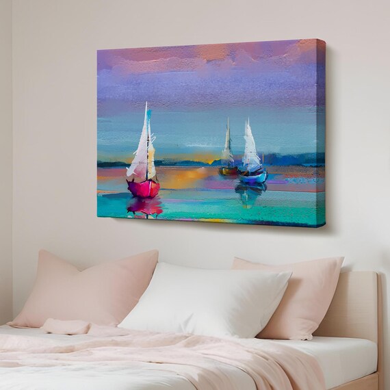 Three Sailboats on Ocean Teal Sunset Oil Painting Canvas Print