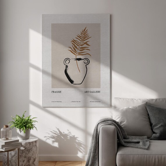 Prague Line Art Canvas Print Minimalist Vase And Fern Wall Poster Neutral Beige Gallery Style Framed Decor For Office Bedroom Studio