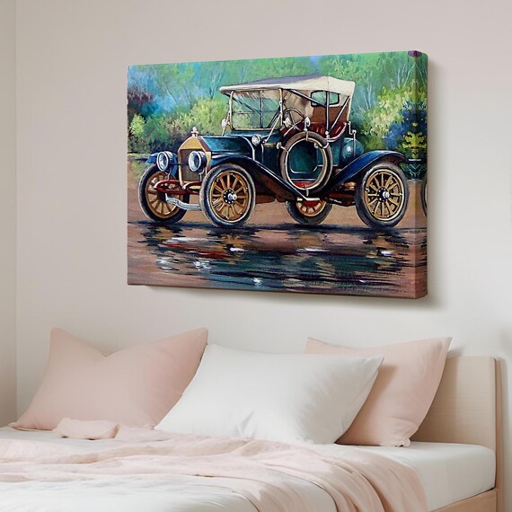 Vintage Classic Early 1900s Open Top Automobile Oil Painting Poster