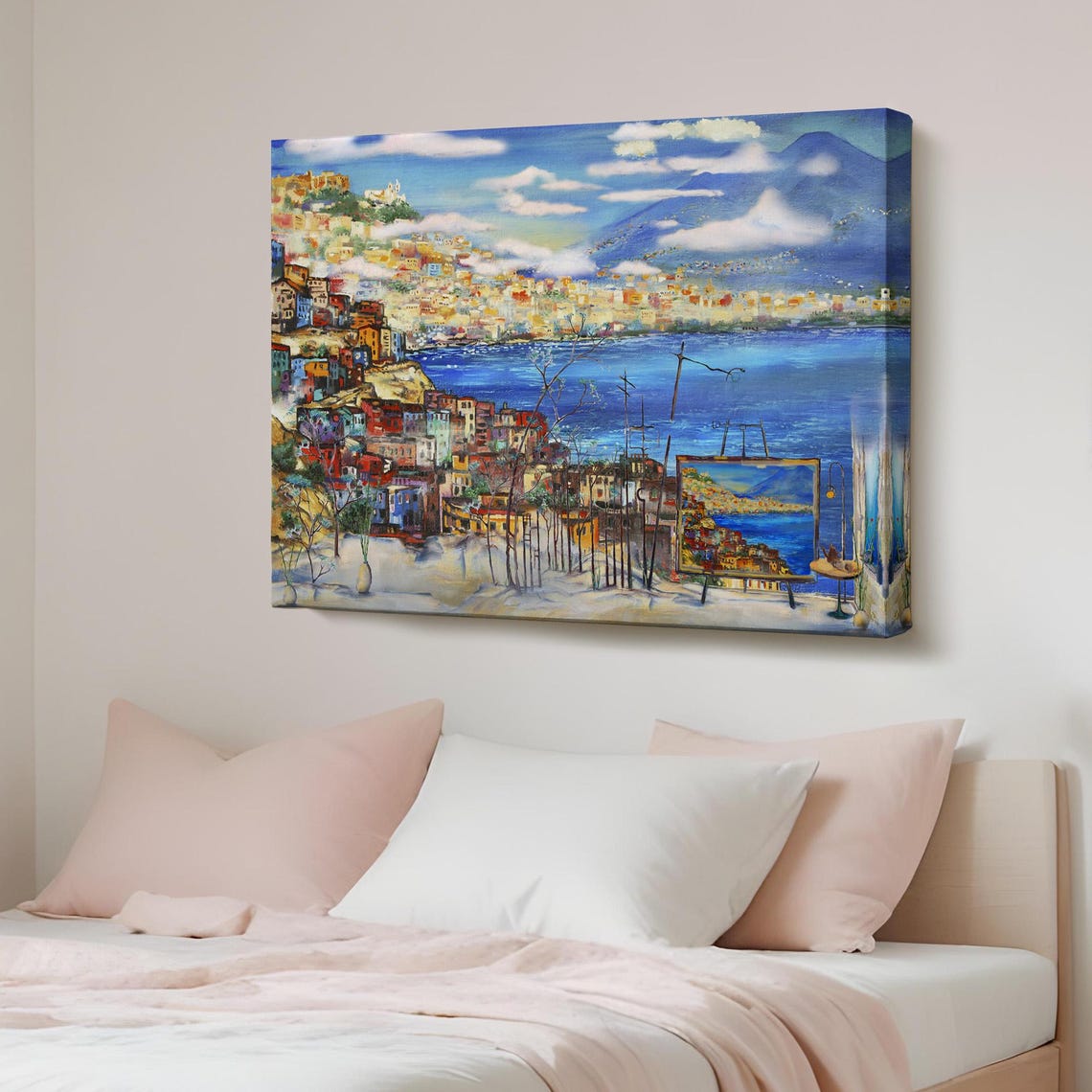 Colorful Mediterranean Seaside Town Artist Easel Painting Poster